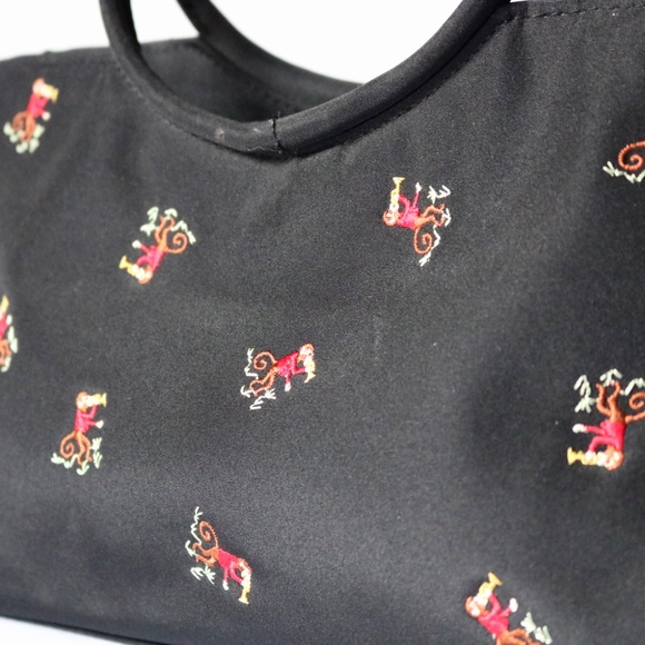 Monkey Purse Handbag Black Embroidered Hoop Handle Trumpet Quirky - Picture 3 of 8